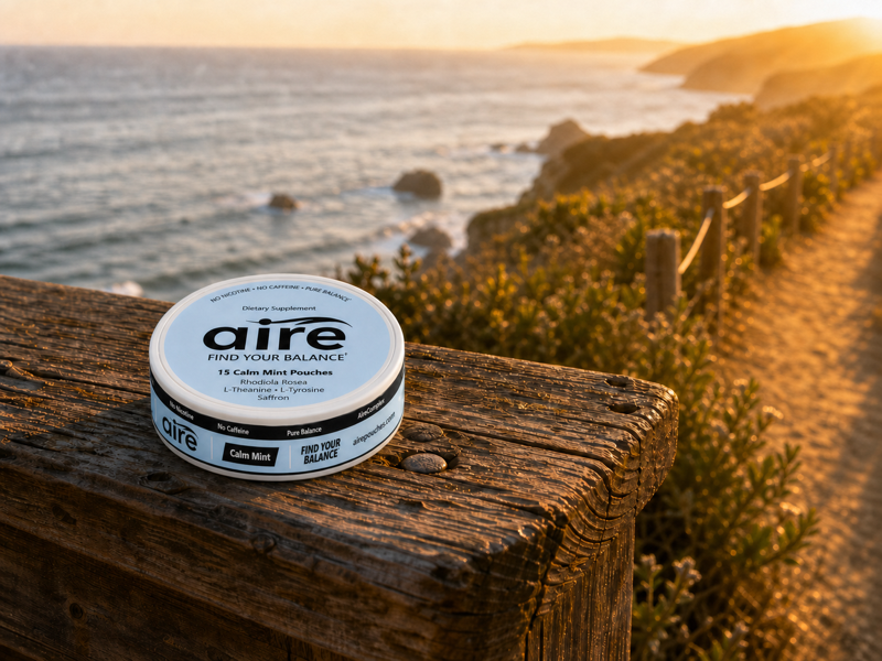 Aire Calm Mint tin on a coastal lookout at golden hour