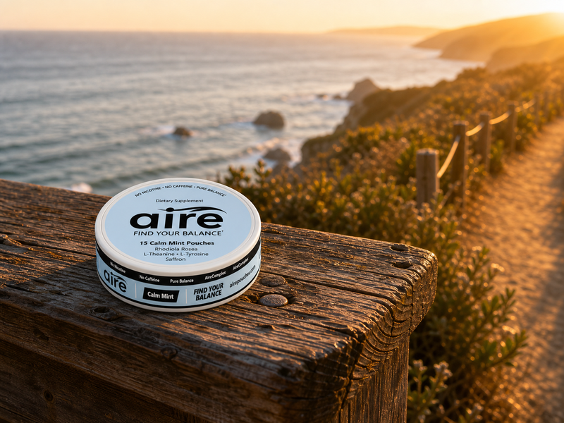 Aire Calm Mint tin on a coastal lookout at golden hour