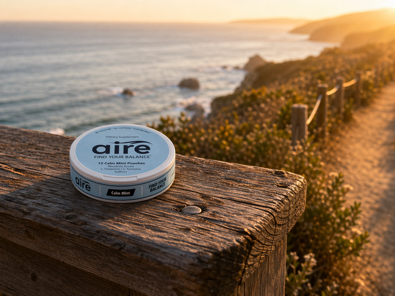Aire Calm Mint tin on a coastal lookout at golden hour