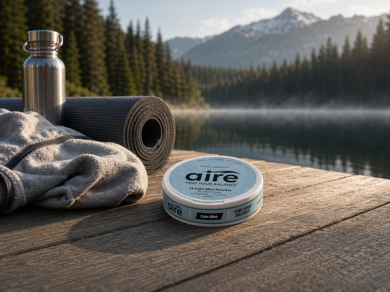 Aire Calm Mint tin on a quiet lake dock with morning mist
