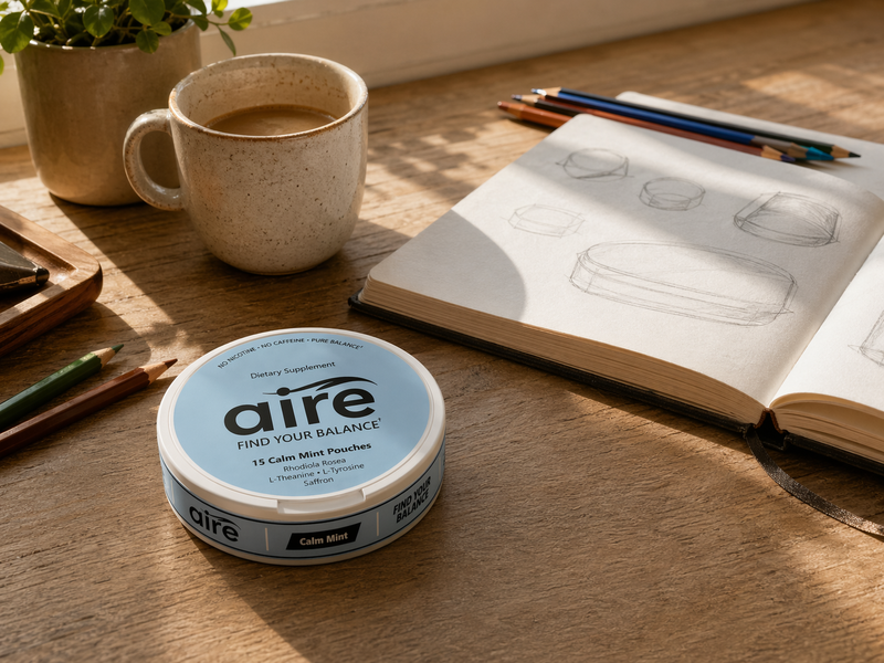 Aire Calm Mint tin on a creative studio desk