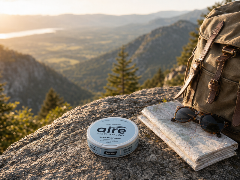 Aire Calm Mint tin on a hiking overlook with a daypack