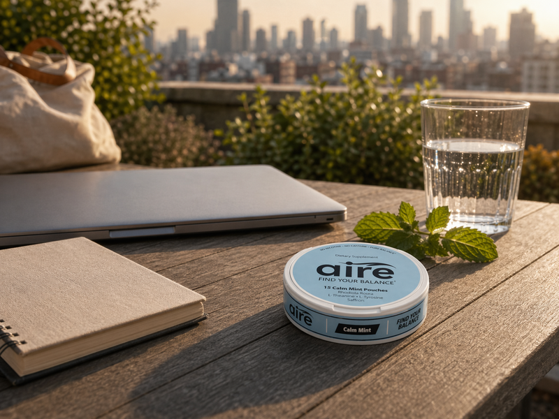 Aire Calm Mint tin on a rooftop garden work table