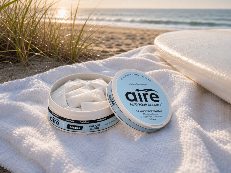 Open Aire Calm Mint tin on a beach towel near the water