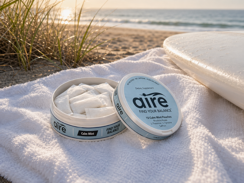 Open Aire Calm Mint tin on a beach towel near the water