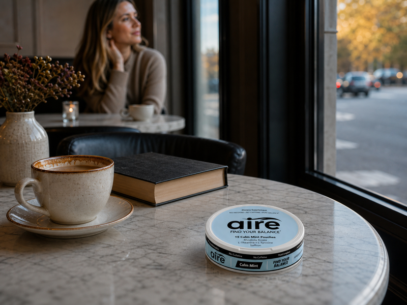 Aire Calm Mint tin on a cafe table with a relaxed customer nearby