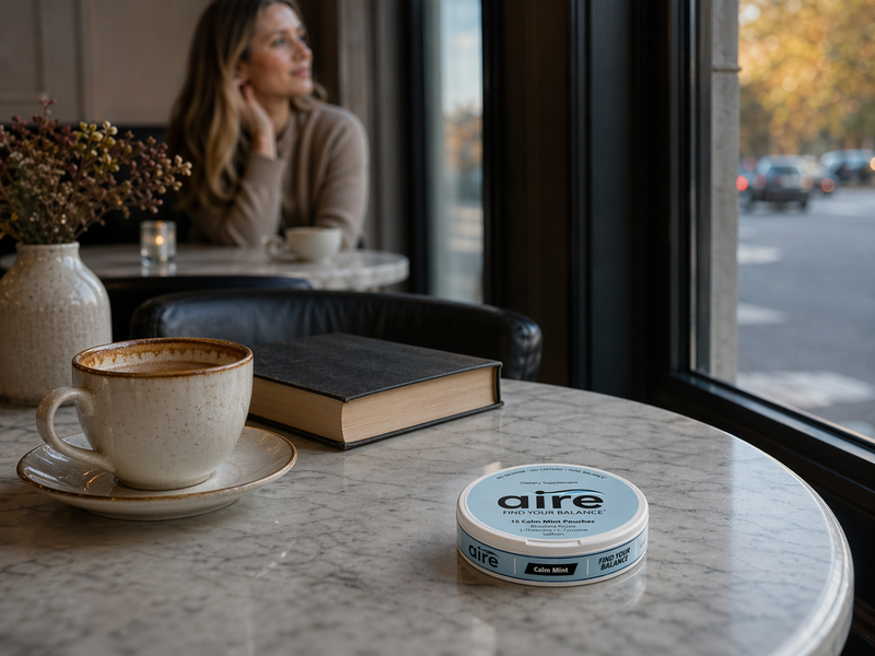 Aire Calm Mint tin on a cafe table with a relaxed customer nearby