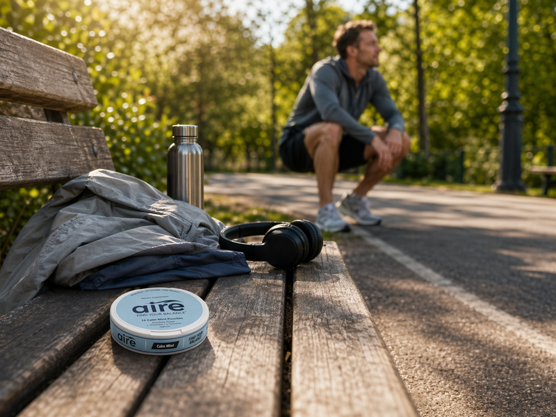 Aire Calm Mint tin on a park bench after a run