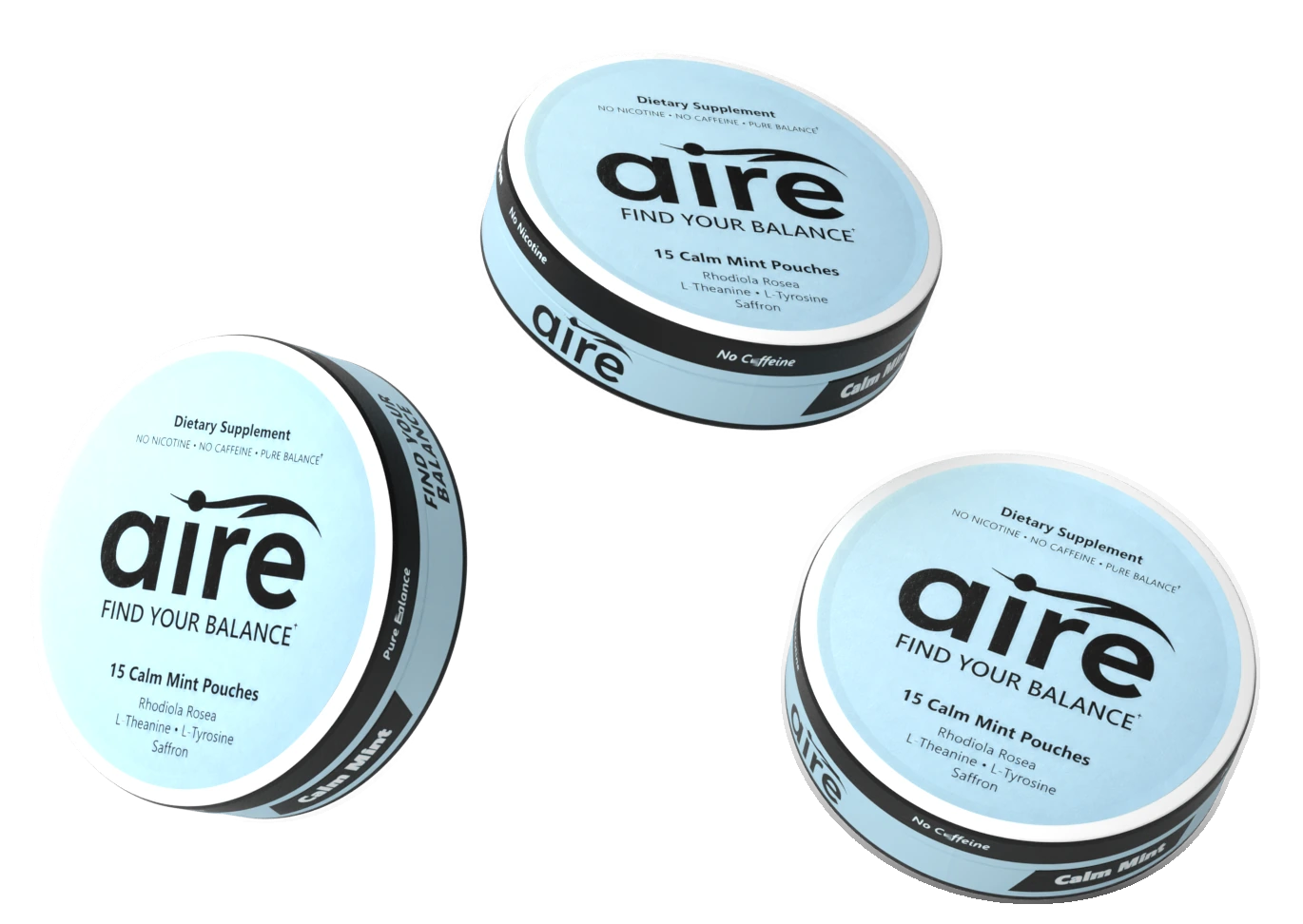 Three Aire nicotine-free wellness pouch tins floating, Calm Mint